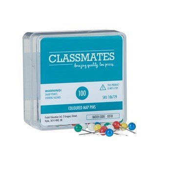 **Classmates Coloured Map Pins Pack of 100 - ABC School Supplies