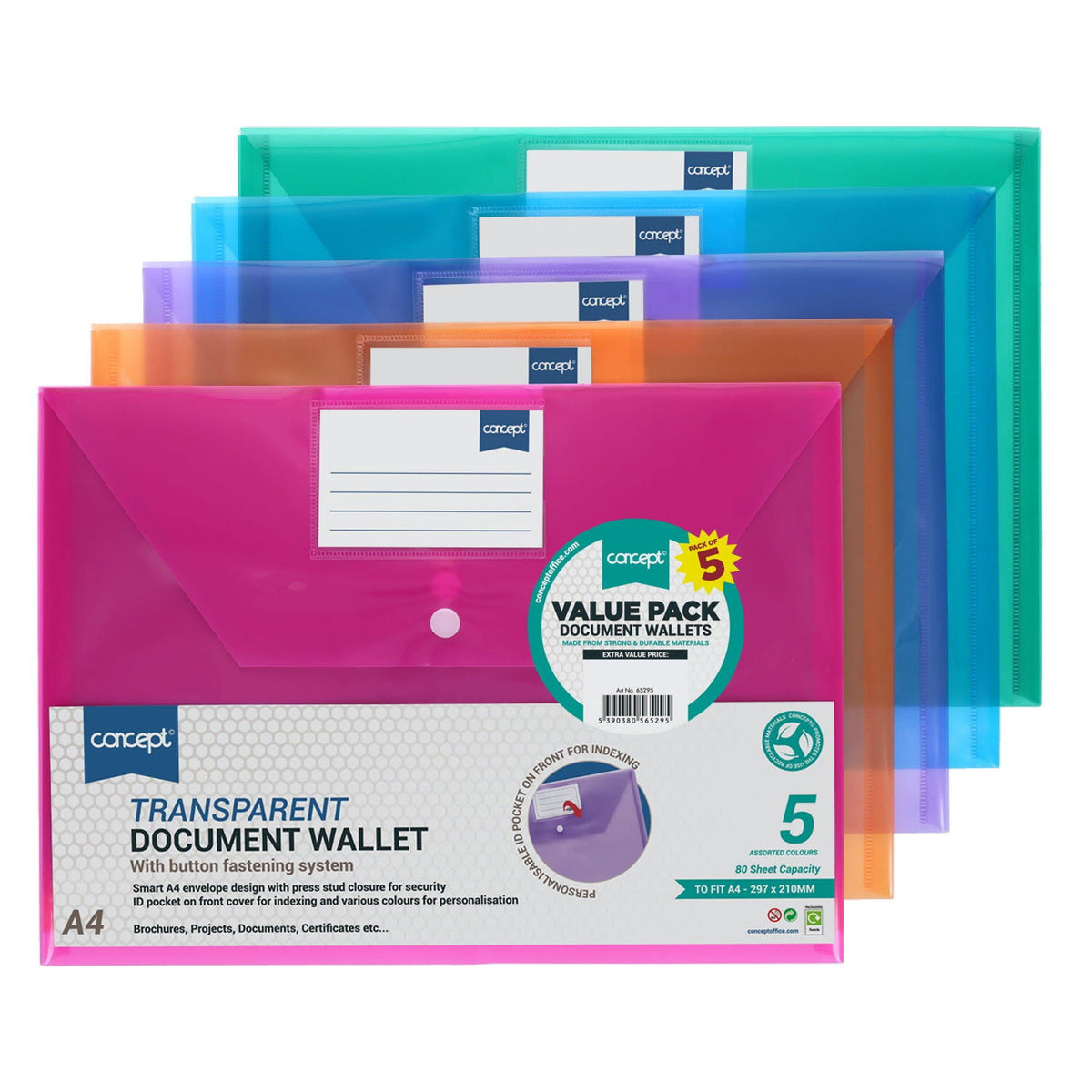 Concept Pack of 5 A4 Clear Coloured Button Wallets - ABC School Supplies