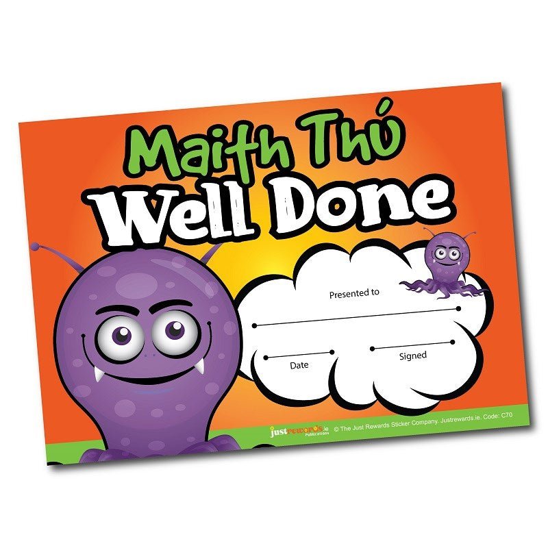 Maith Thu / Well Done Certs Pack Of 20 - ABC School Supplies