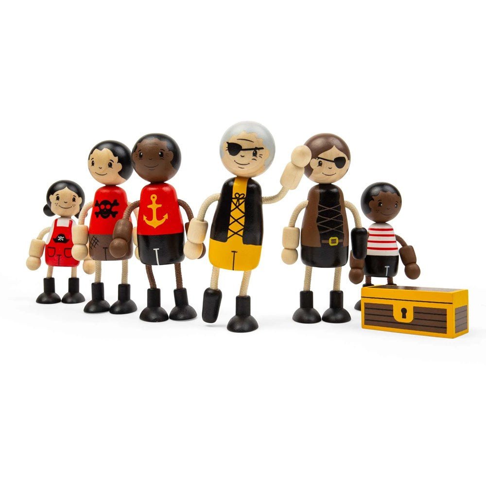Pirate Dolls - 6 Wooden Pirates Doll Set with Mini Treasure Chest - ABC School Supplies