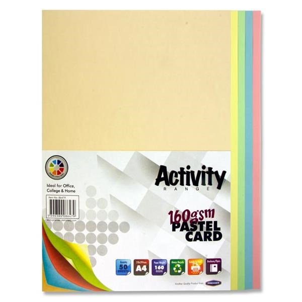 Premier A4 160G Activity Card Pastel Assorted Colours (Pack Of 50 Sheets) - ABC School Supplies