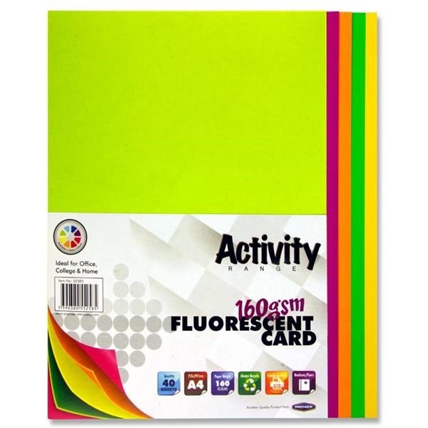 Premier A4 Assorted Fluorescent Card (Pack Of 40) - ABC School Supplies