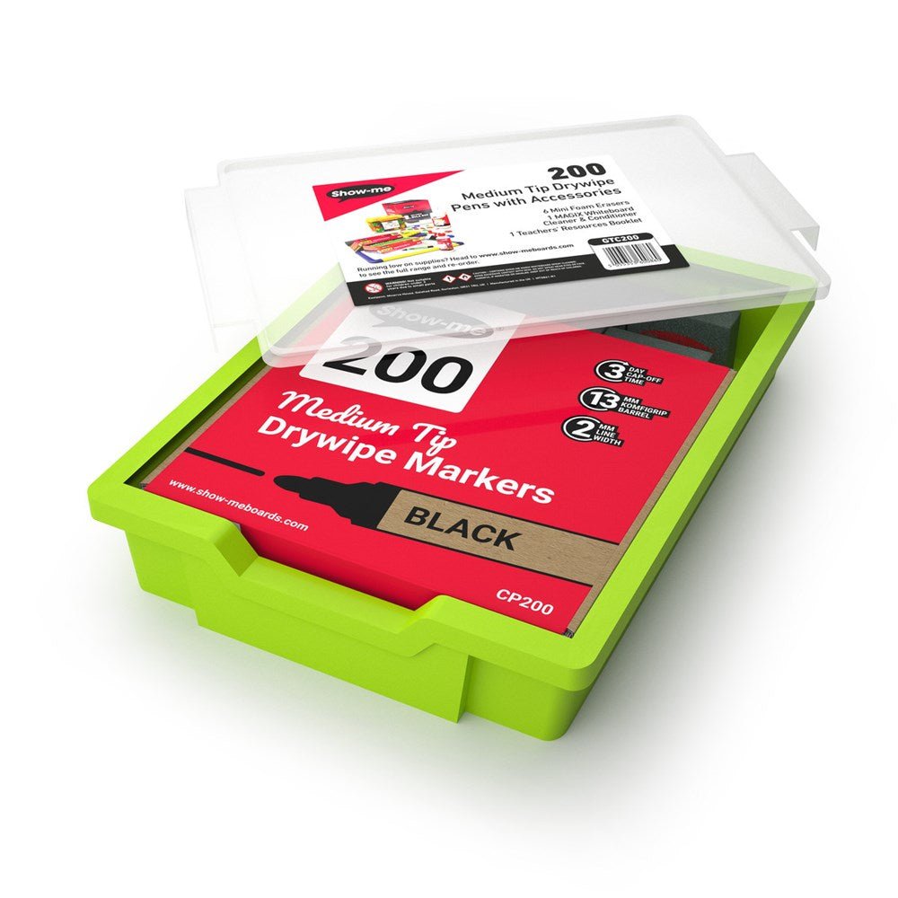 Show-Me 200 Medium Tip Pens, 6 Erasers & Show-Me Magix Cleaner In A Tray - ABC School Supplies