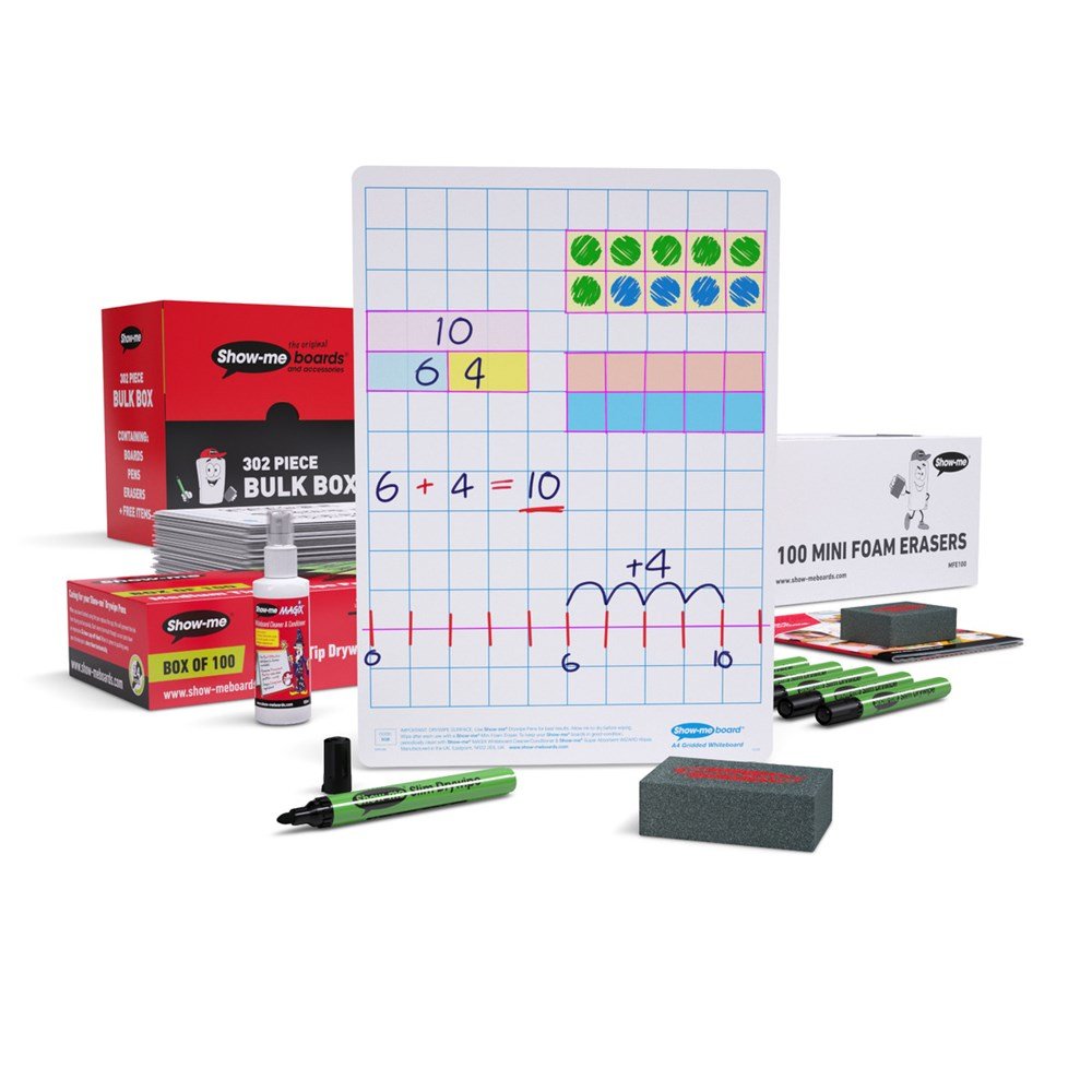 Show - Me Bulk Box Drywipe Board Pack, Pens & Erasers - Gridded/Plain, A4 - 100 Sets - ABC School Supplies