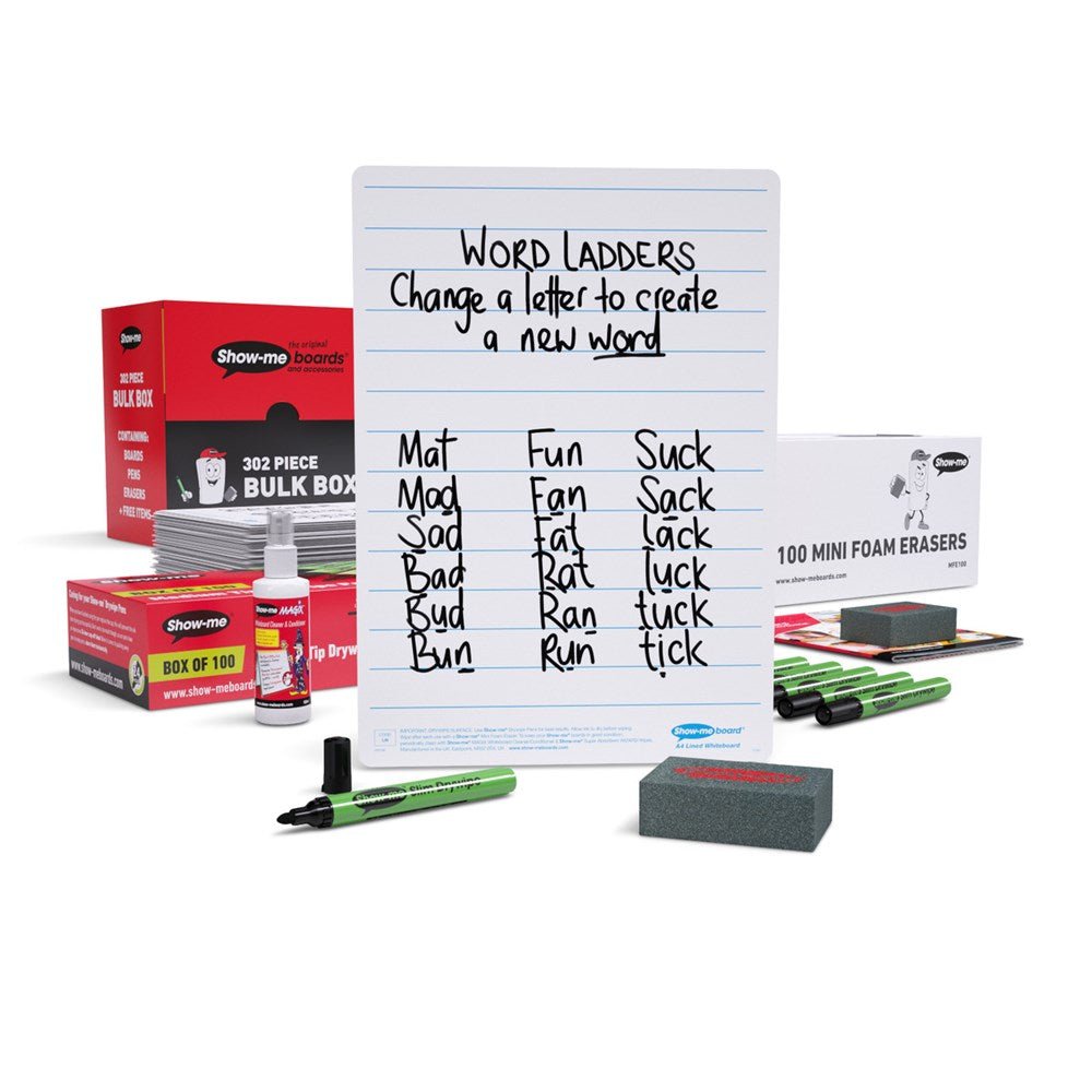 Show - Me Bulk Box Drywipe Board Pack, Pens & Erasers - Lined, A4 - 100 Sets - ABC School Supplies