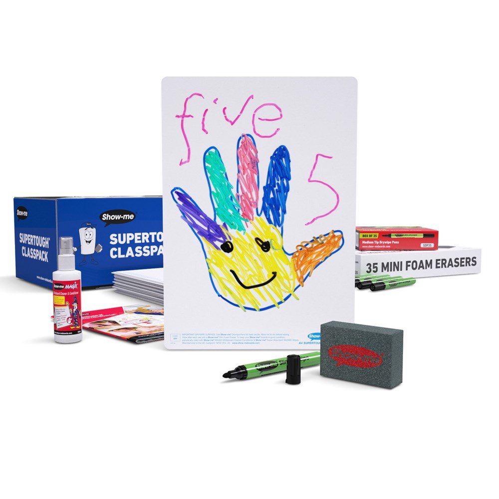 Show - Me Class Pack Drywipe Boards, Pens & Erasers - Plain/Plain, Supertough, A4 - ABC School Supplies