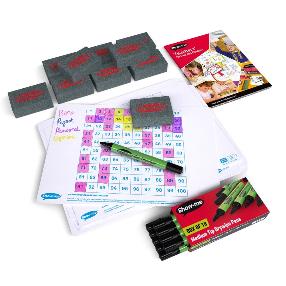Show - Me Hundred Square Drywipe Boards, Pens & Erasers (10 of Each) - ABC School Supplies