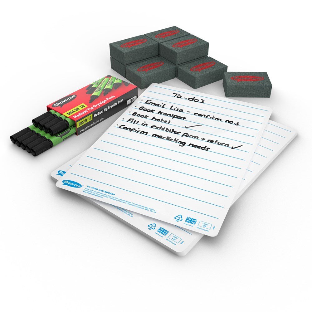 Show - Me Lined Drywipe Boards, Pens & Erasers (10 of Each) - ABC School Supplies