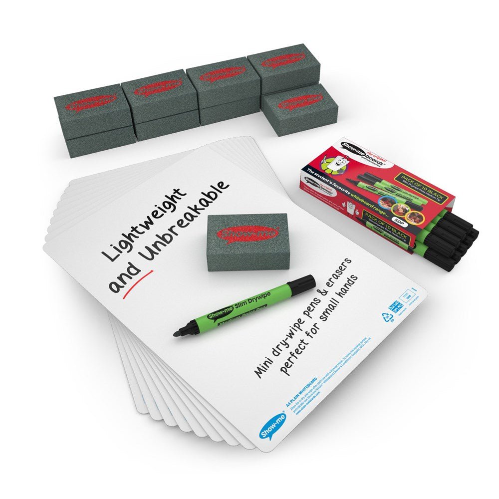 Show - Me Plain Drywipe Boards, Pens & Erasers (10 of Each) - ABC School Supplies