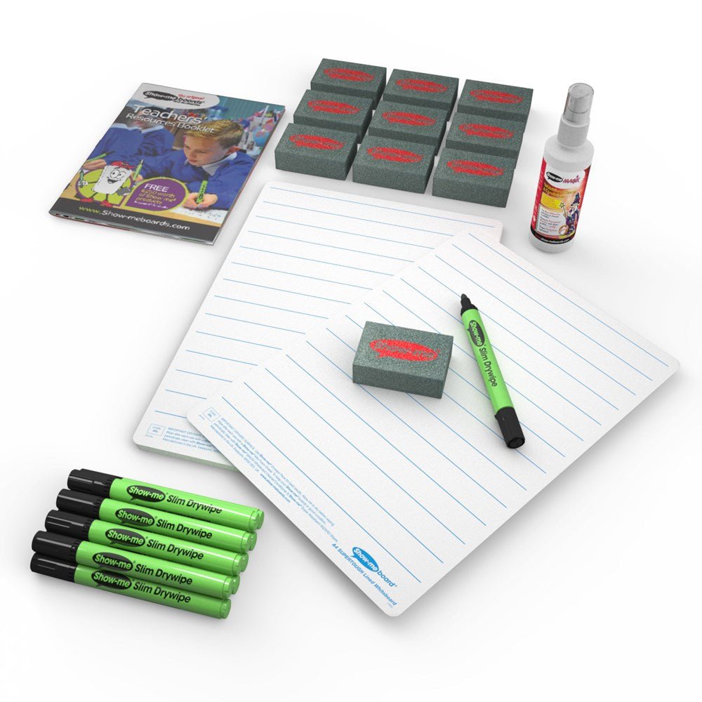 Show - Me Supertough Lined Drywipe Boards, Pens & Erasers (10 of Each) - ABC School Supplies