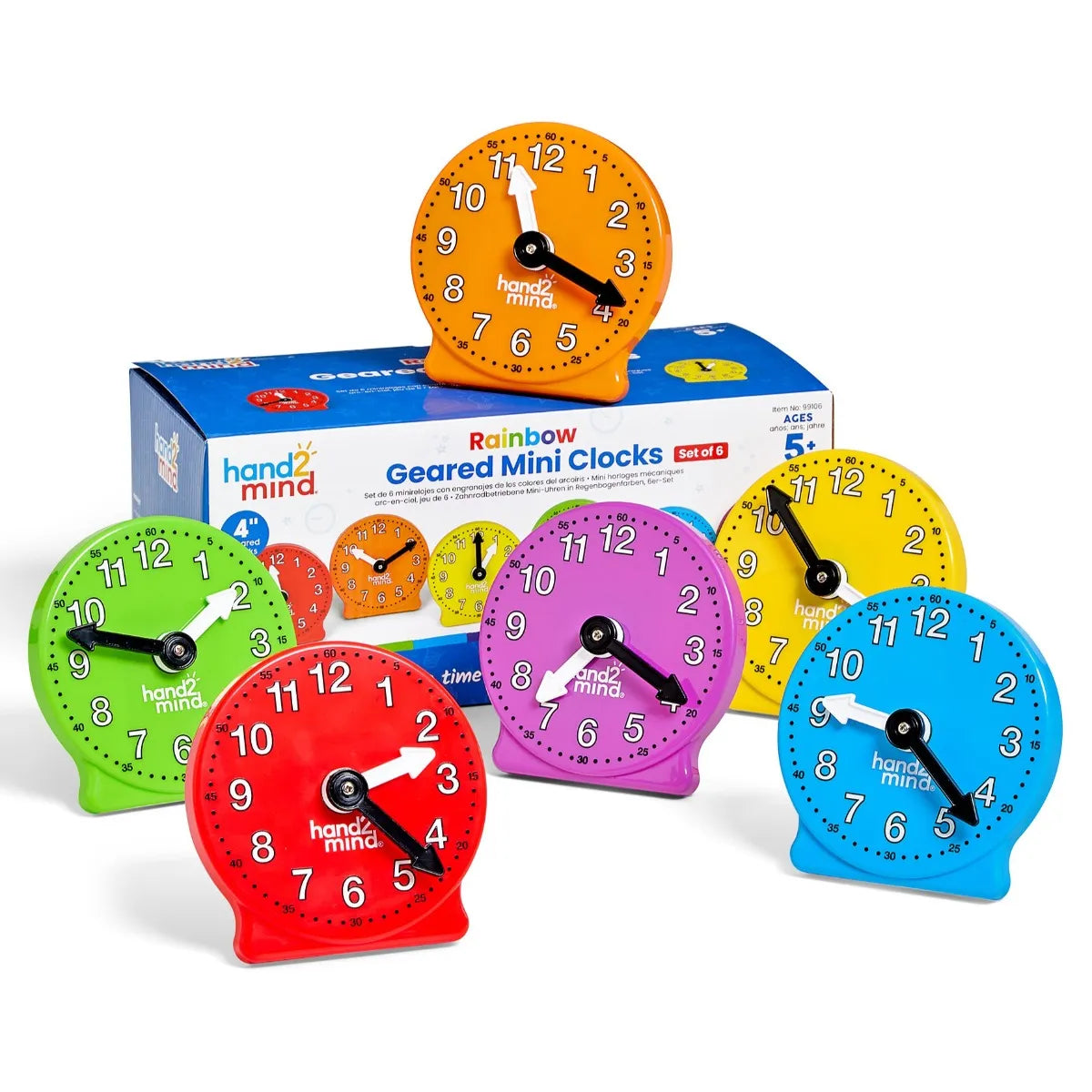 Learning Resources Rainbow Geared Mini Clocks, Set of 6