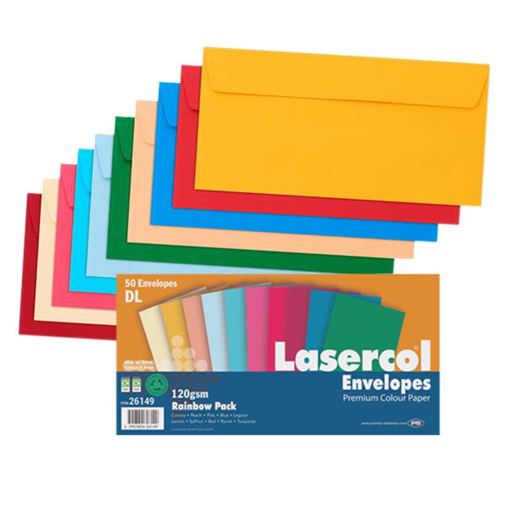 Lasercol 120gsm DL Envelopes - Rainbow Pack of 50