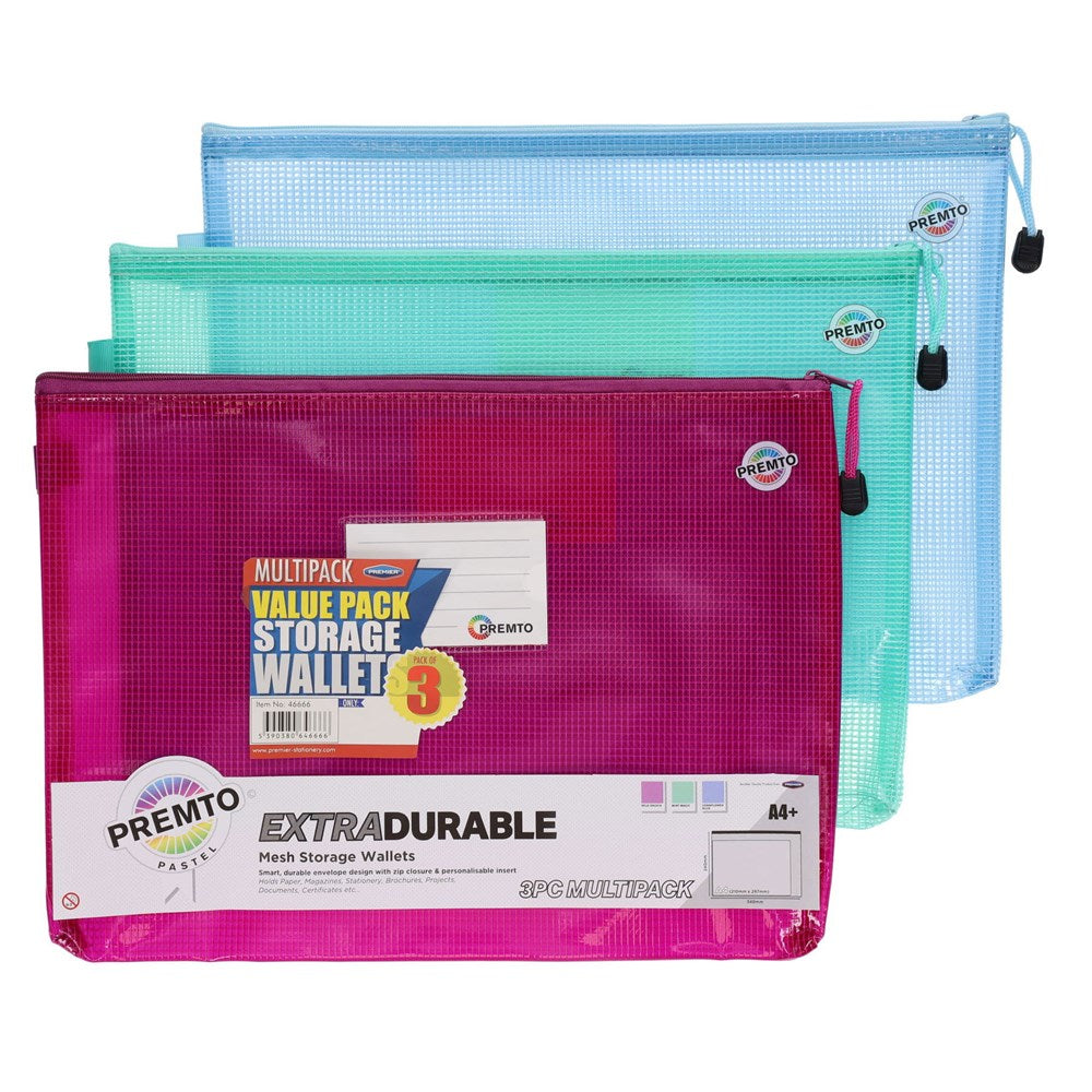 Premto A4+ Extra Durable Mesh Storage Wallet (Pastel Colours) Pack of 3