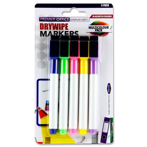 Concept Drywipe Markers Pack Of 5 With Eraser Lid - Assorted Colours