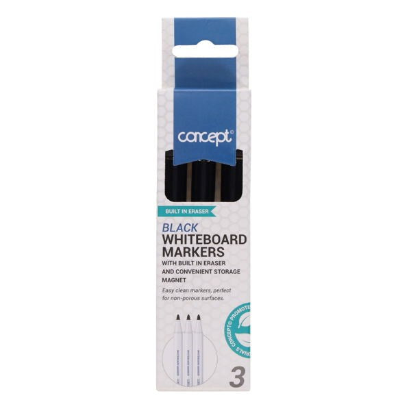 Concept Drywipe Markers Pack Of 3 With Eraser Lid - Black