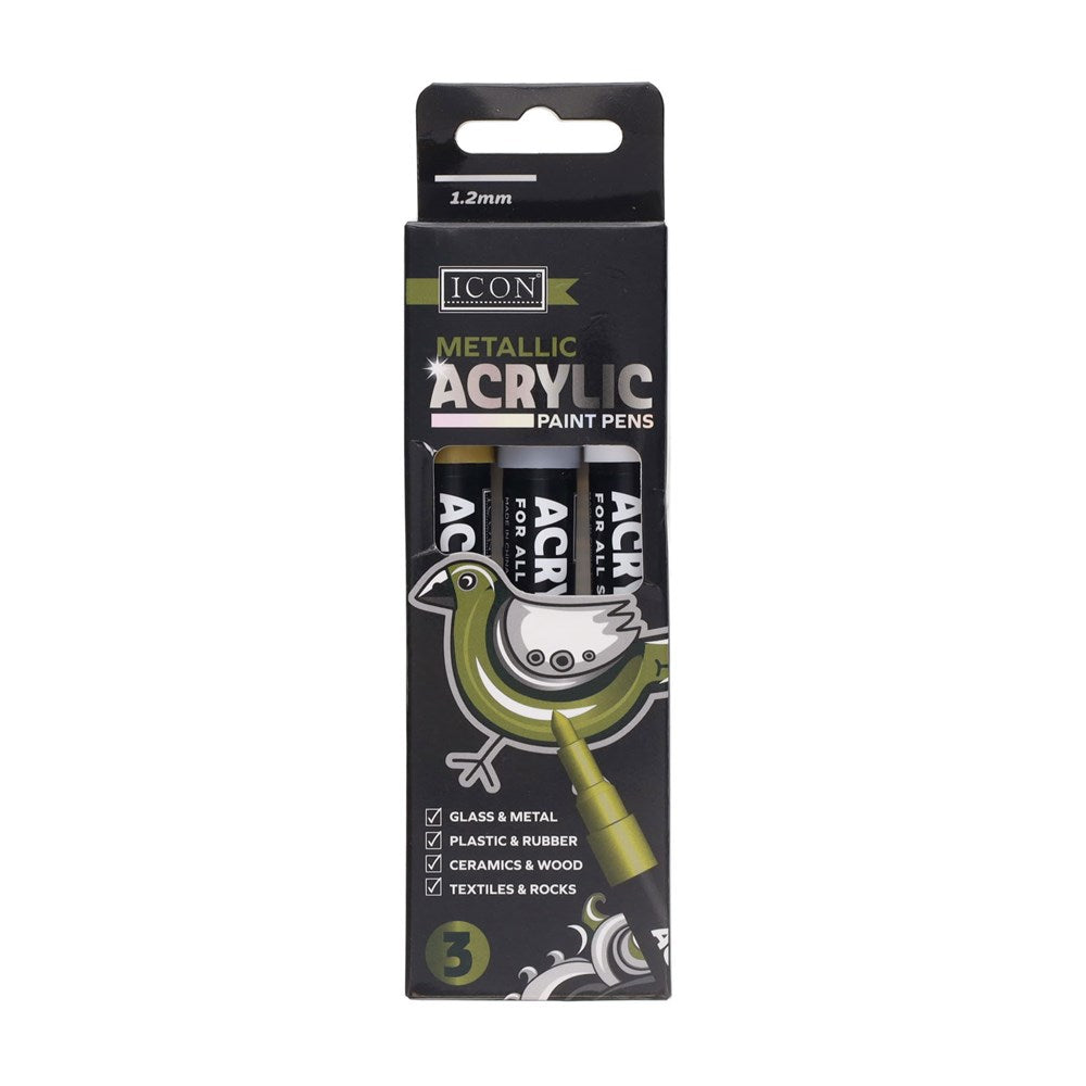 Icon Metallic Acrylic Paint Pens 1.2mm Pack of 3