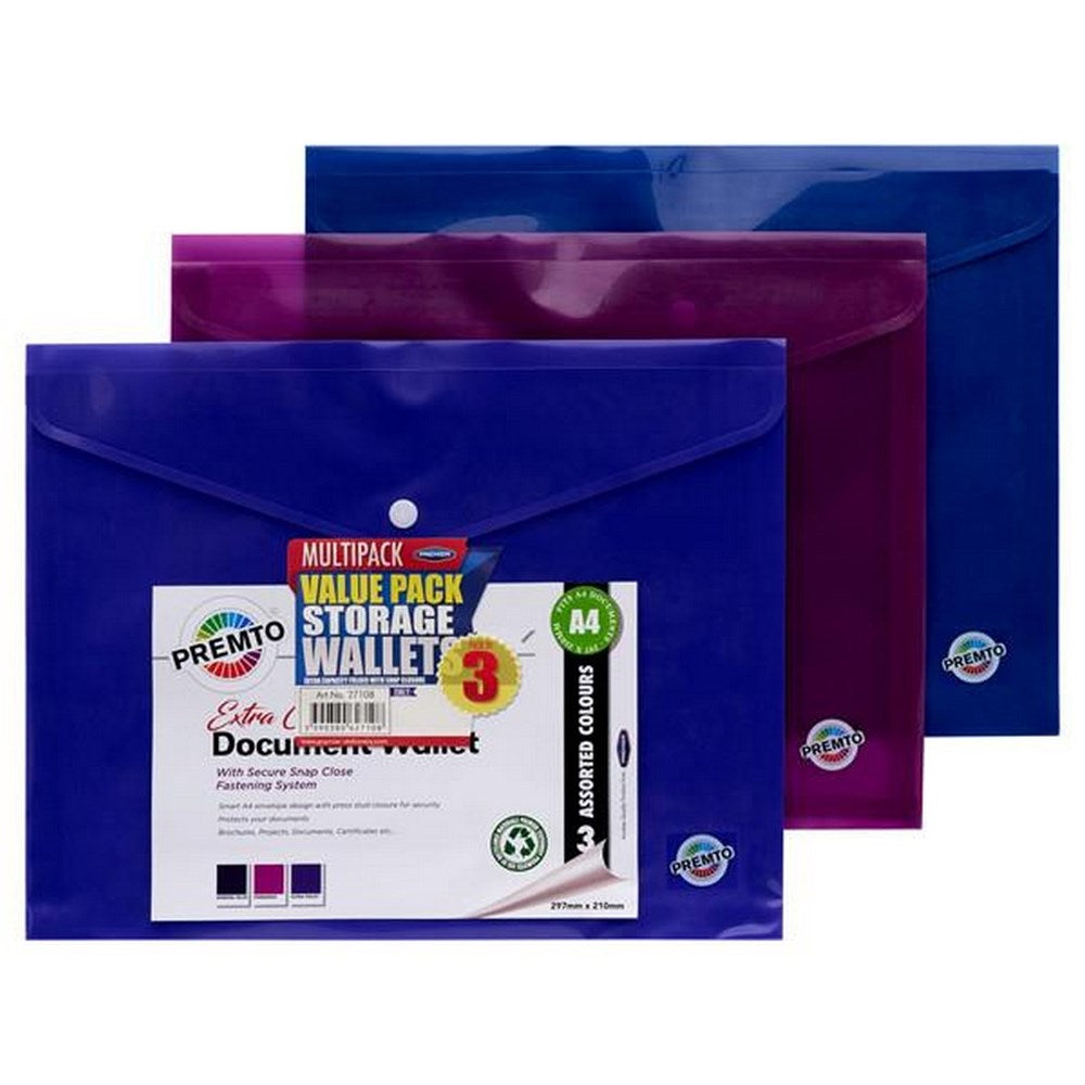 ** A4 Extra Capacity Document Wallet S-2 Pack of 3