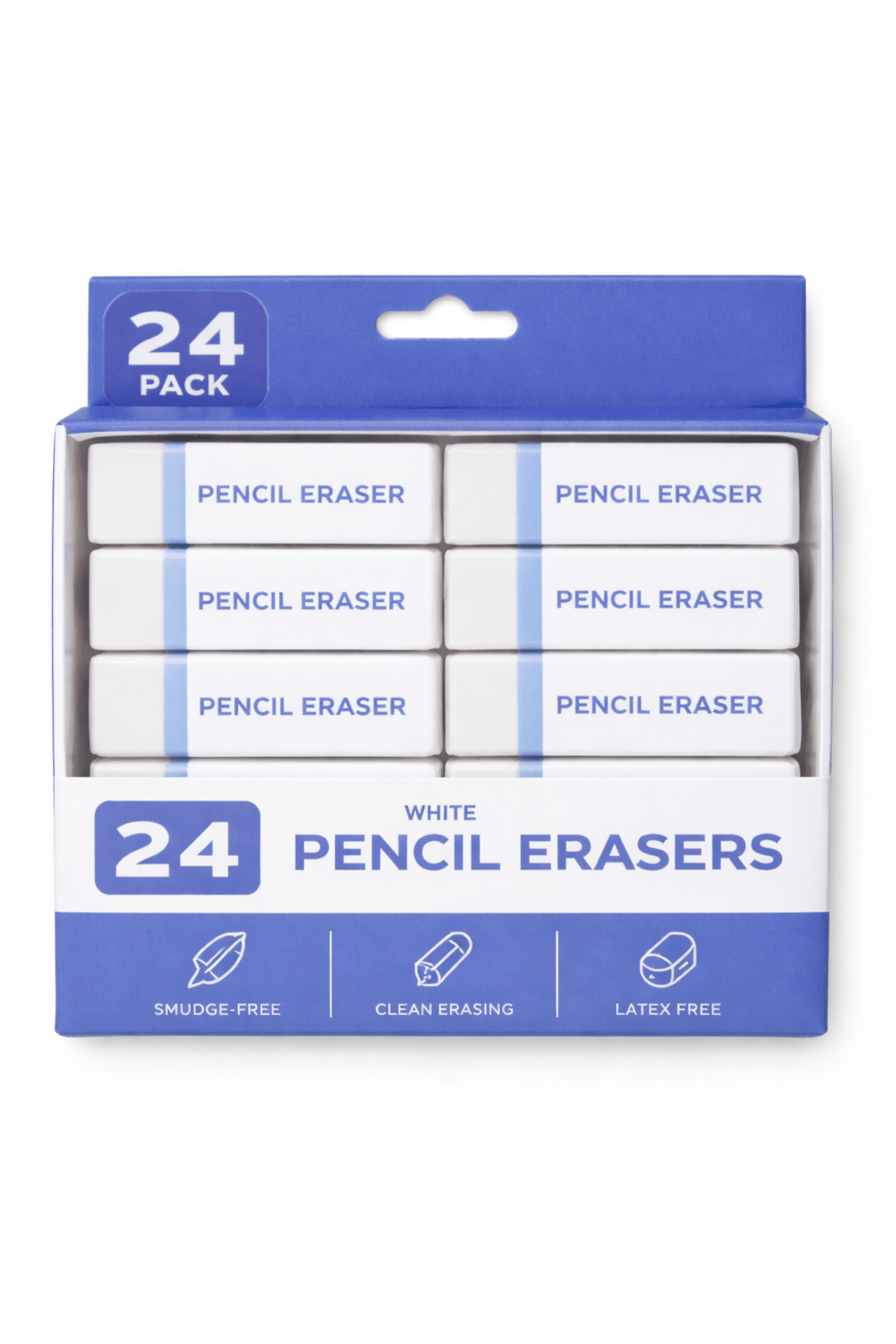 Box of 24 White Pencil Erasers - ABC School Supplies
