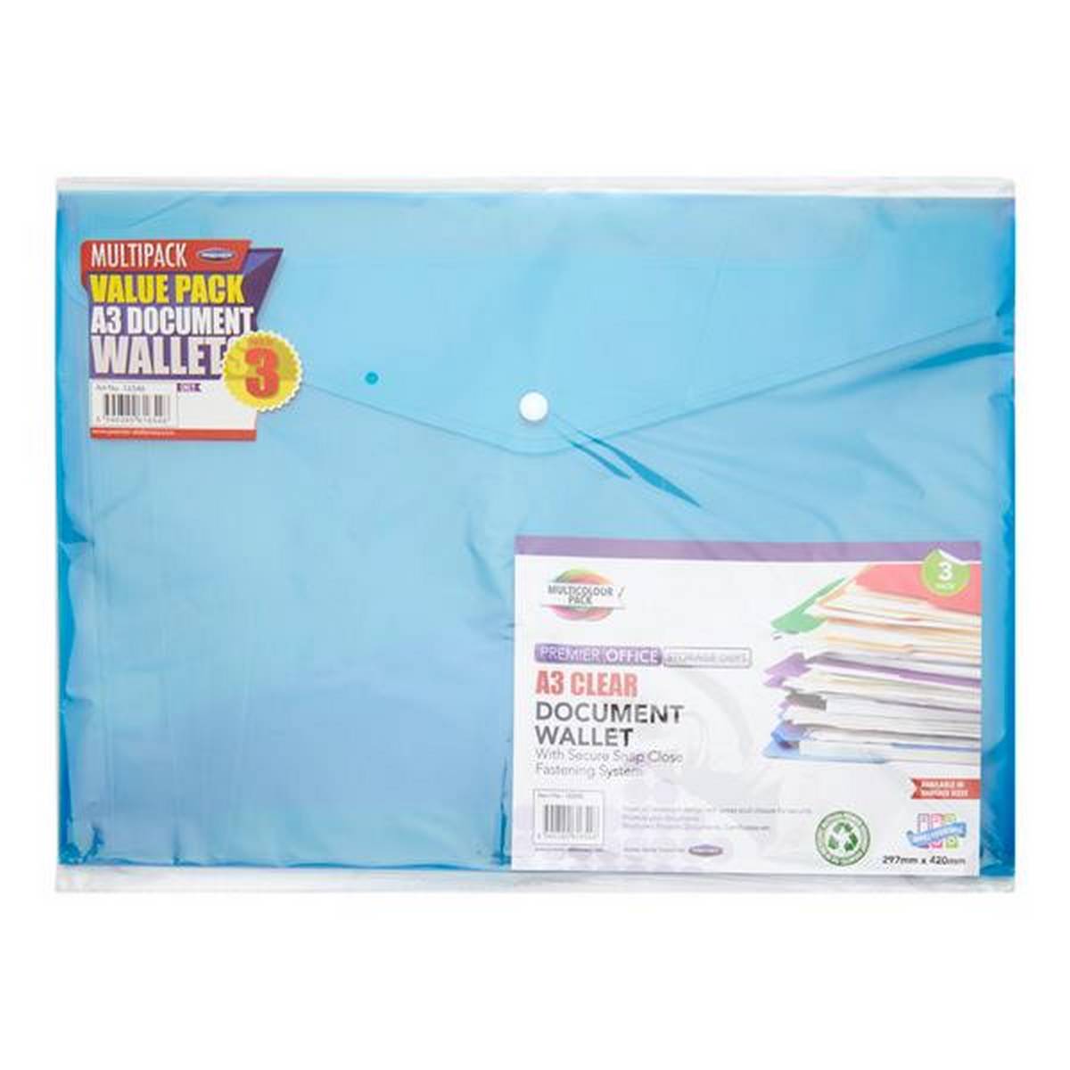 Concept A3 Button Document Wallets - 3 Pack Assorted - ABC School Supplies