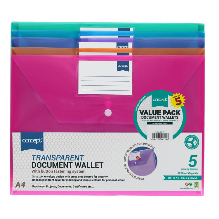 Concept Pack of 5 A4 Clear Coloured Button Wallets - ABC School Supplies