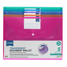Concept Pack of 5 A4 Clear Coloured Button Wallets - ABC School Supplies