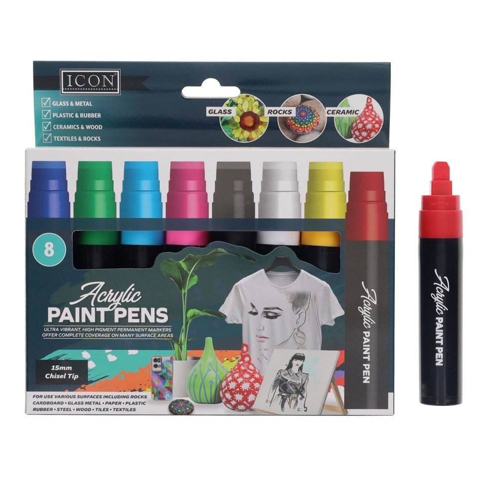 Icon Chisel Tip Acrylic Paint Pens 15mm Pack of 8 - ABC School Supplies