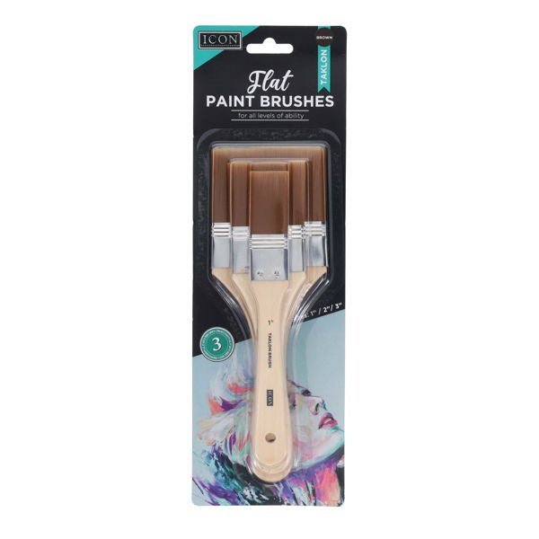 Icon Flat Paint Brushes - Brown Taklon Pack of 3 - ABC School Supplies