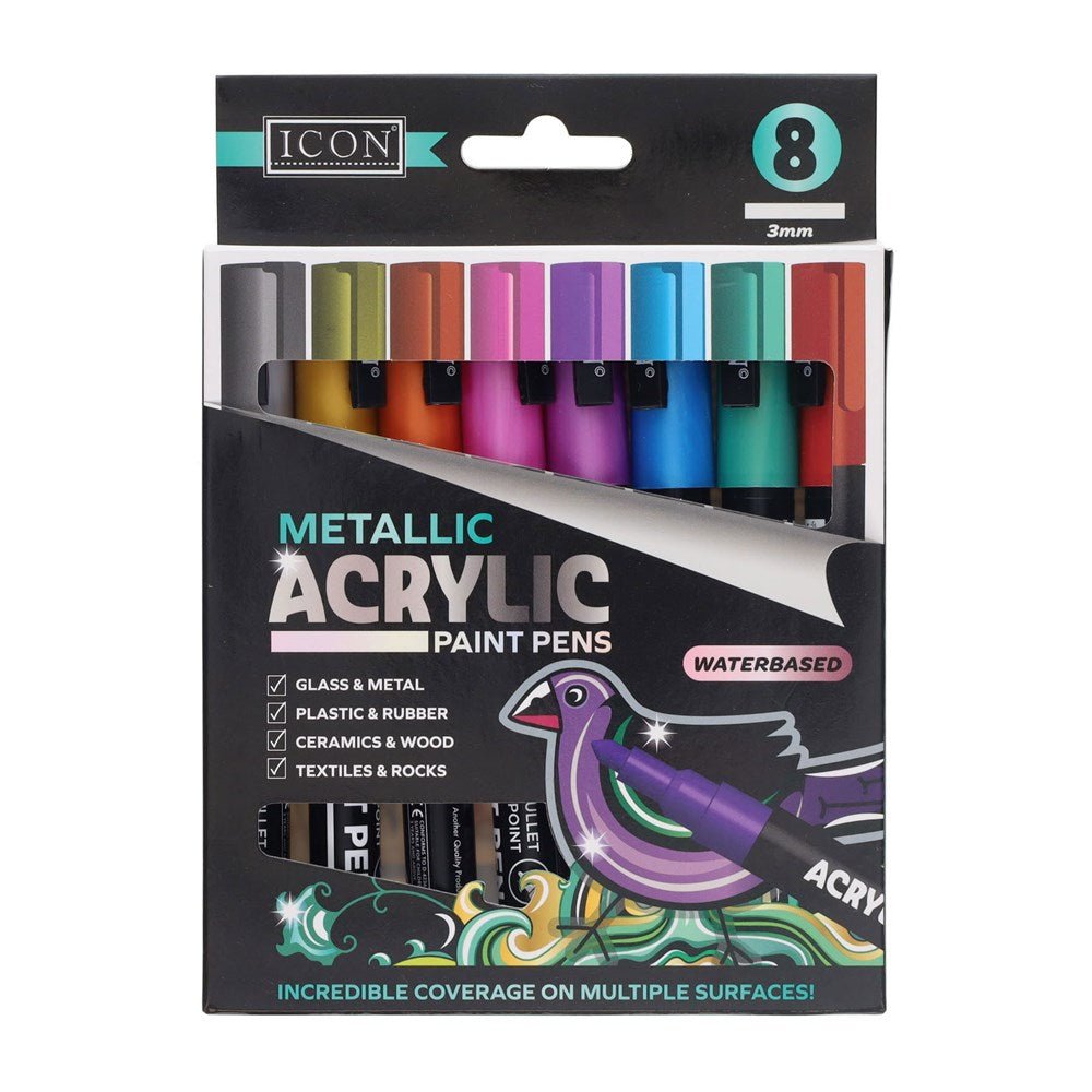 Icon Metallic Acrylic Paint Pens 3mm Pack of 8 - ABC School Supplies