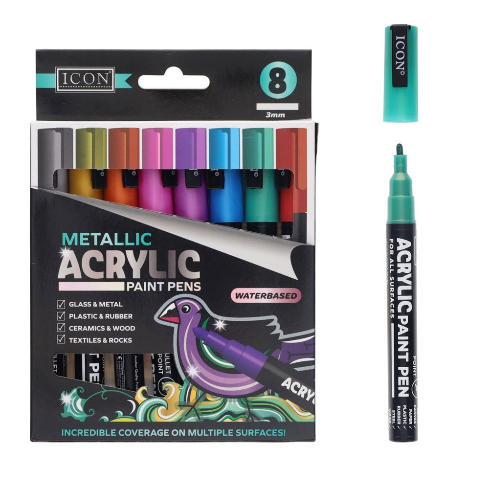 Icon Metallic Acrylic Paint Pens 3mm Pack of 8 - ABC School Supplies