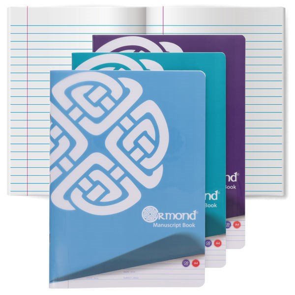 Ormond A4 120pg Manuscript Book Durable Cover Bright Colours - ABC School Supplies