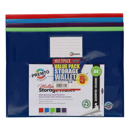 Premto A4 Button Storage Wallets Pack Of 5 - ABC School Supplies