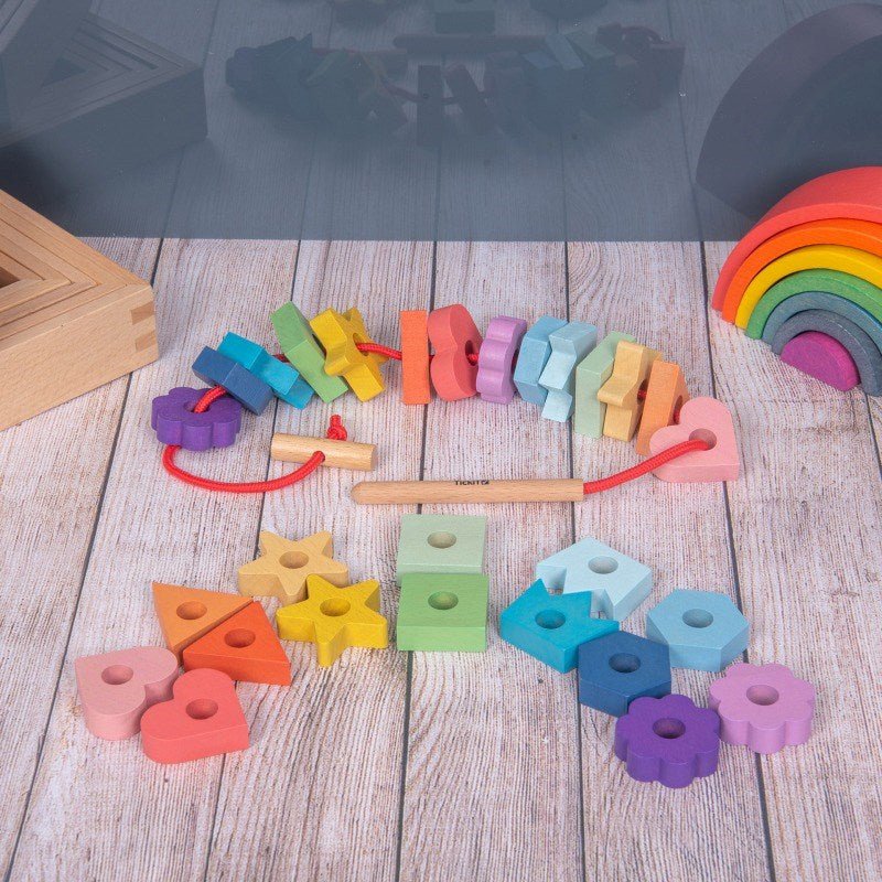 Rainbow Wooden Lacing Shapes - 28 pieces + 1 lace. - ABC School Supplies