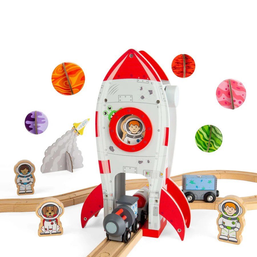 Rocket Ship - Wooden Railway Accessory, Spaceship Toy for Train Set - ABC School Supplies
