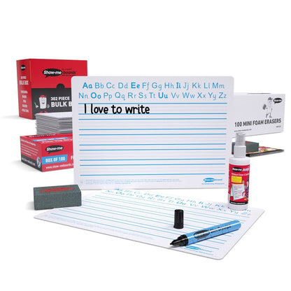 Show-Me Bulk Box Drywipe Board Pack, Pens & Erasers – Handwriting, A4 100 Sets - ABC School Supplies