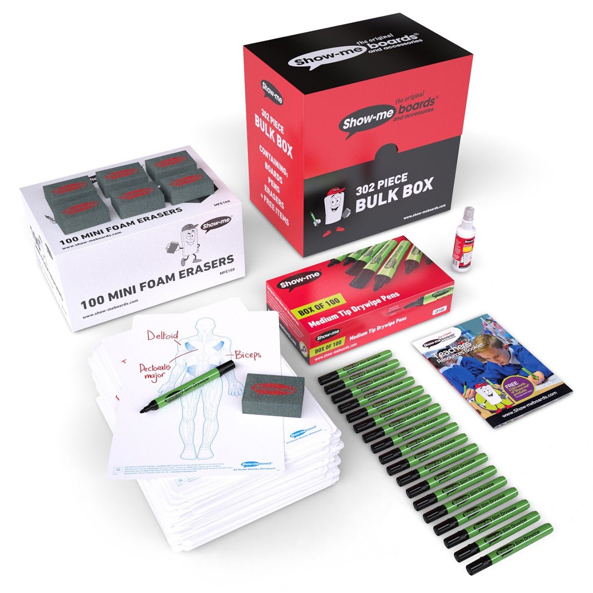 Show-Me Bulk Box Drywipe Board Pack, Pens & Erasers - Human Muscle, A4 100 Sets - ABC School Supplies