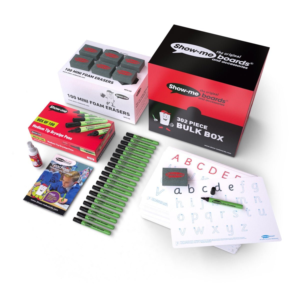Show-Me Bulk Box Drywipe Board Pack, Pens & Erasers - Letter Formation, A4 100 Sets - ABC School Supplies