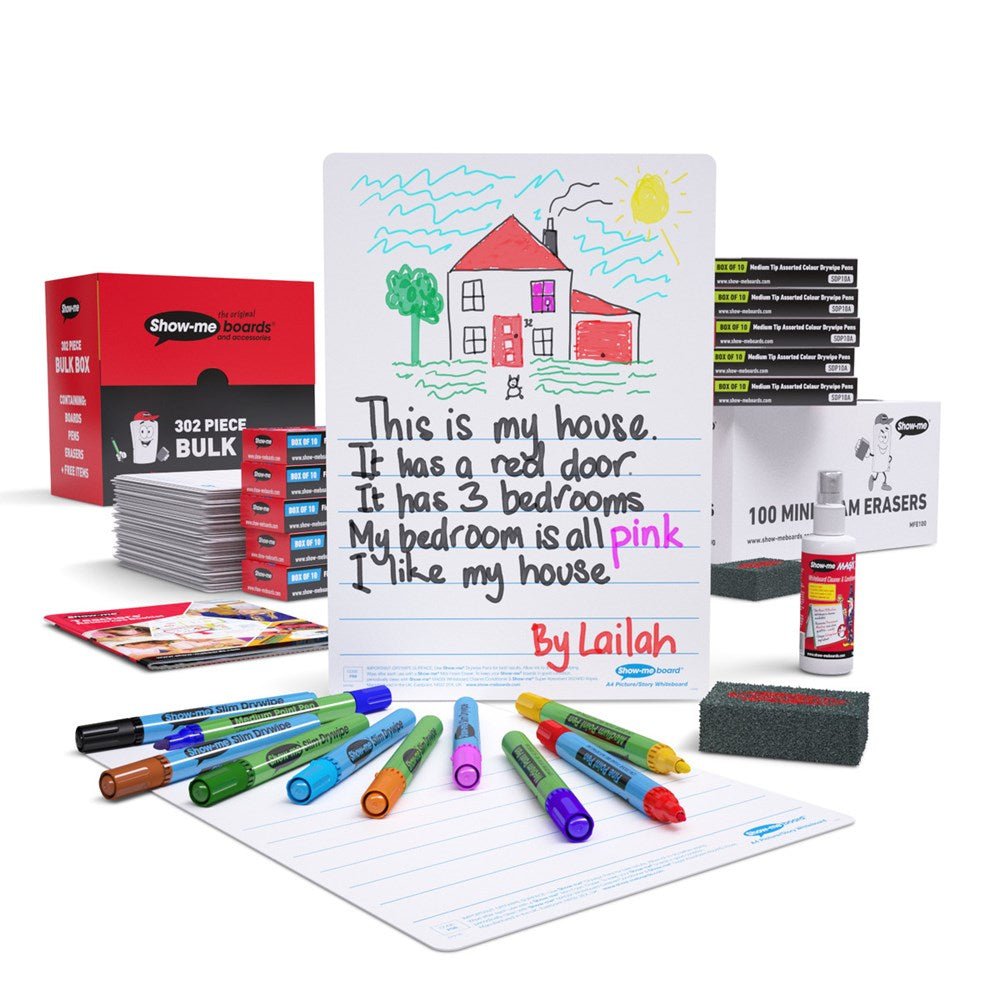 Show - Me Bulk Box Drywipe Board Pack, Pens & Erasers - Picture Story, A4 - 100 Sets - ABC School Supplies