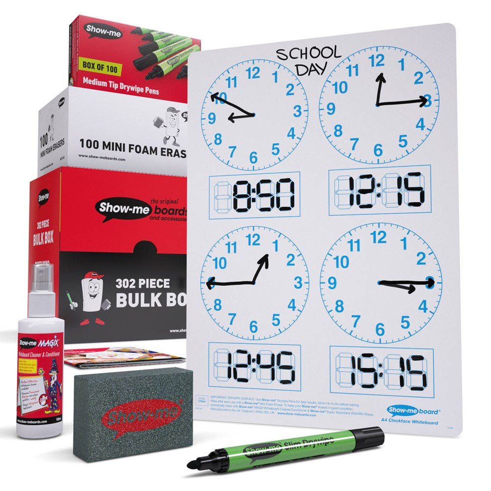Show - Me Bulk Box Drywipe Board Pack, Pens & Erasers - Telling The Time 4 Panel, A4 - 100 Sets - ABC School Supplies