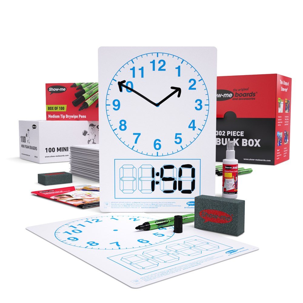 Show - Me Bulk Box Drywipe Board Pack, Pens & Erasers - Telling The Time, A4 - 100 Sets - ABC School Supplies
