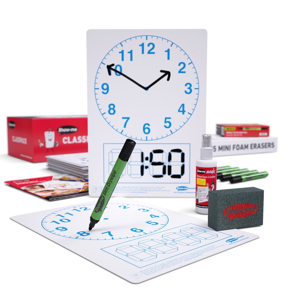 Show - Me Class Pack Drywipe Boards, Pens & Erasers - Telling The Time, A4 - 35 Sets - ABC School Supplies