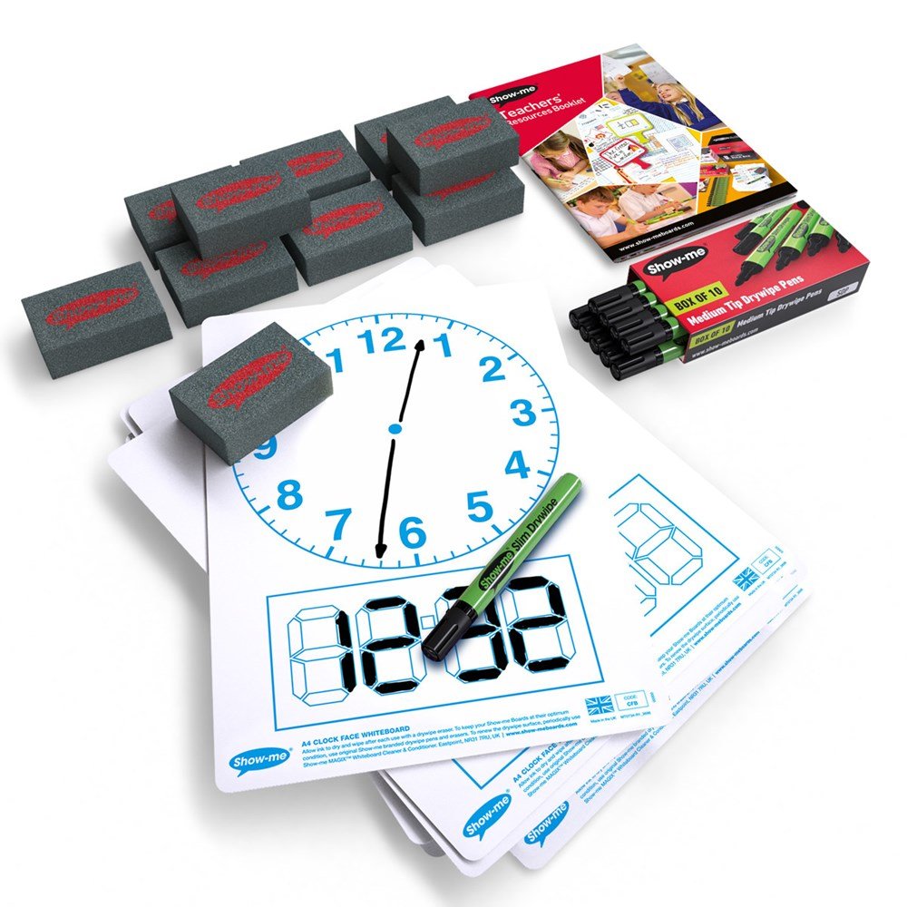 Show - Me Clock - Face Drywipe Boards, Pens & Erasers (10 of Each) - ABC School Supplies