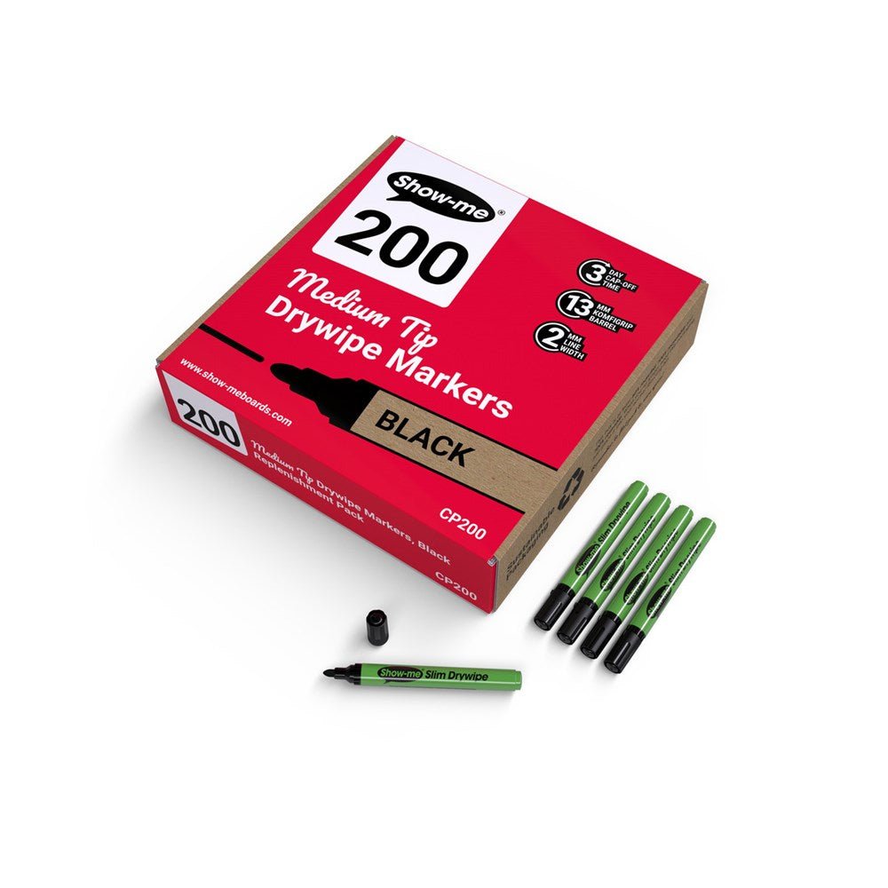 Show-Me Drywipe Pens, Medium Tip (Pack of 200) Black - ABC School Supplies