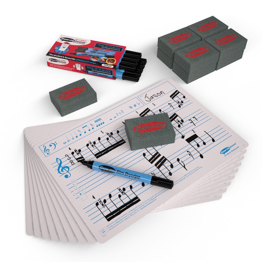 Show - Me Music Ruled Drywipe Boards, Pens & Erasers (10 of Each) - ABC School Supplies