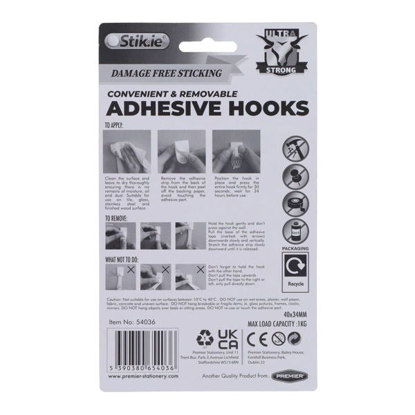 Stik.ie 4 Pack Removable Adhesive Hooks - 40x34mm - ABC School Supplies