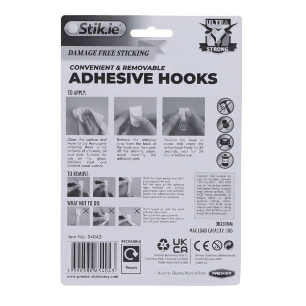 Stik.ie 6 Pack Removable Adhesive Hooks - 30x30mm - ABC School Supplies