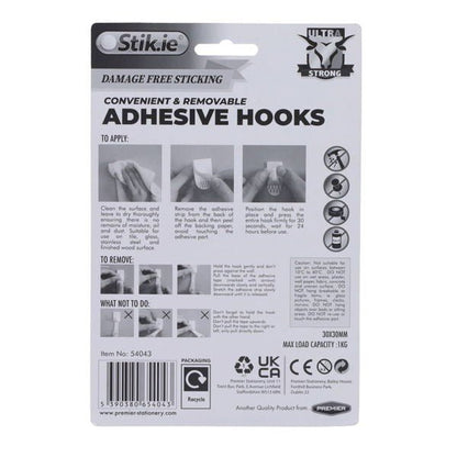Stik.ie 6 Pack Removable Adhesive Hooks - 30x30mm - ABC School Supplies