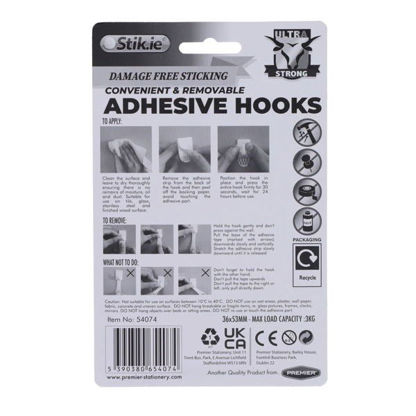 Stik.ie Stik.ie 2 Pack Removable Adhesive Hooks - 36x52mm - ABC School Supplies