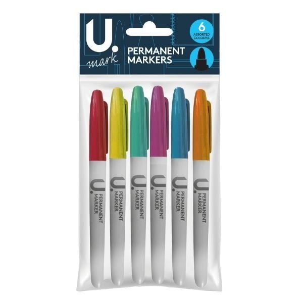 **U Stationery Permanent Markers - Asstd Colours Pack Of 6 - ABC School Supplies