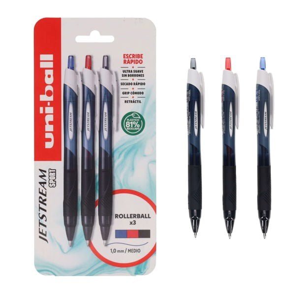 Uni Ball 3 Pack Jetstream Rollerball Pen - Asst - ABC School Supplies