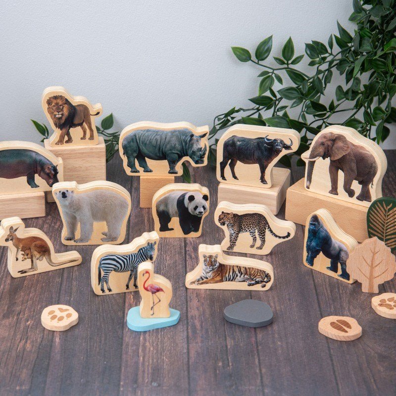 Wooden Wild Animal Blocks - 15 Pack - ABC School Supplies